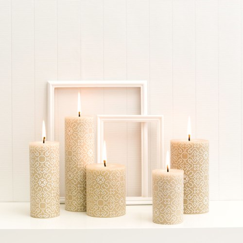 decorated rolled beeswax candle in Casablanca design